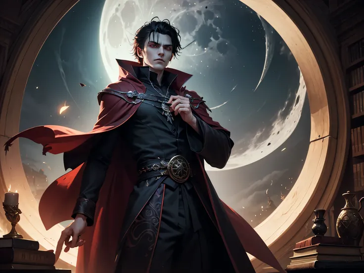 Create an image of a half-vampire sorcerer who exudes a kind. His skin is pale, reflecting his vampiric lineage, but his gentle expression and warm, crimson eyes convey his kind-hearted nature. He wears elegant robes with intricate patterns resembling arca...