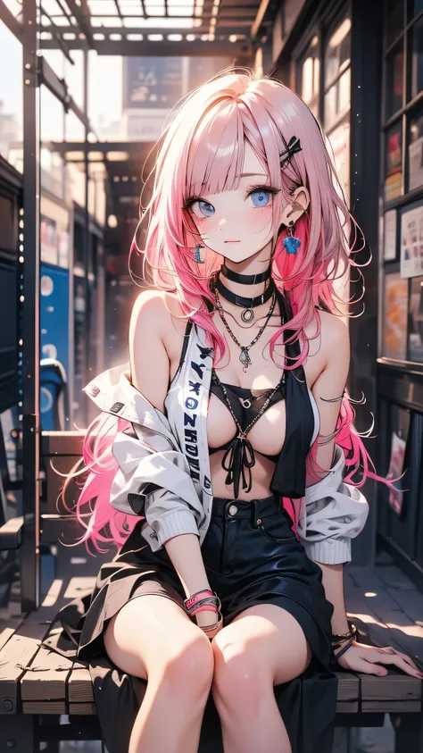  high resolution, Masterpiece,Shikimori Michon,  pink hair with a scar, Alone,  One Girl,outside,  detailed background , fine grain, ((blue eyes))