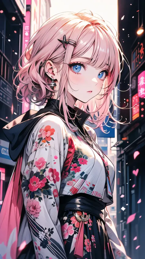  high resolution, Masterpiece,Shikimori Michon,  pink hair with a scar, Alone,  One Girl,outside,  detailed background , fine grain, ((blue eyes))