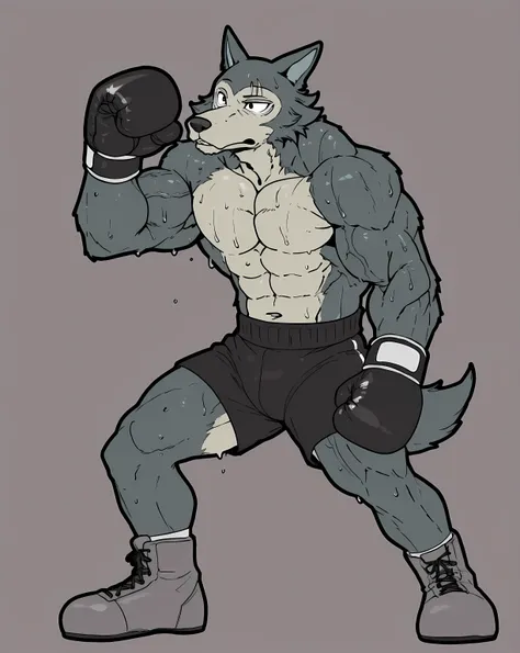 l3gosh1, beastars, male, solo, wolf, muscular, athletic, masculine, (small eyes), flat color, boxing_gloves, simple background, sweaty body, veiny arms, bulging muscles, dynamic pose, posing, (black outline), boxing_shoes, boxing_shorts
