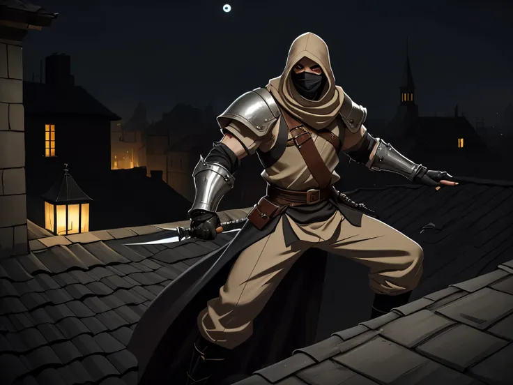 Create a detailed RPG character illustration of Chacal, a cunning and elusive rogue. He wears a simple but well-fitted outfit made of dark cloth and leather, ensuring quiet and agile movement without the burden of metal armor. His face is completely concea...