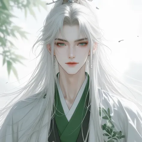 white long hair, white skin, tall, wearing hanfu,bug eyes, handsome anime, green eyes,, broad shoulders, muscular, kind face, gentel, smile softy, 