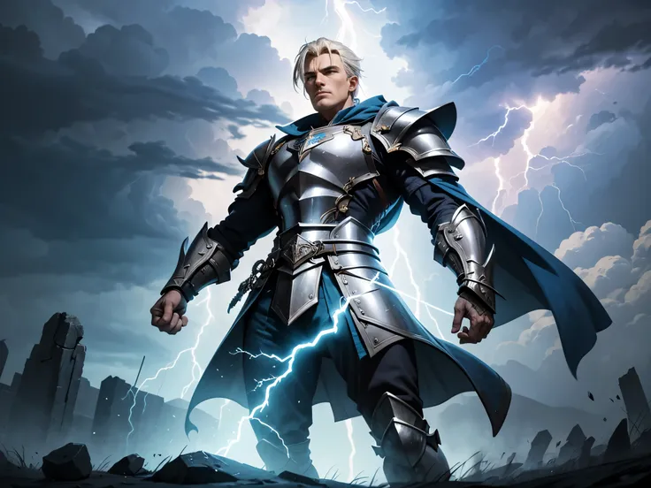 "Create a detailed RPG character illustration of Edward, a noble paladin. He stands tall in radiant, polished silver armor etched with lightning motifs. His strong hands grip a massive greatsword crackling with arcs of blue lightning, exuding an aura of di...