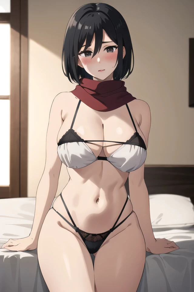 masterpiece, best quality, highres, hmmikasa, short hair, black eyes, scarf, red scarf, large breast, eyelashes, reclining on a king-sized bed, wearing a deep-plunge satin robe that falls open to reveal a lace bralette and matching thong. The silk sheets e...