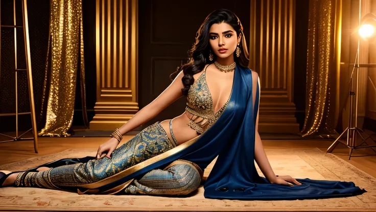 A breathtakingly realistic Indian girl with long, silky black hair and mesmerizing blue eyes, featuring a flawless, perfect physique. She is a rising star in Indian pop music, captured in an ultra-realistic and high-quality photoshoot. The setting is a lux...