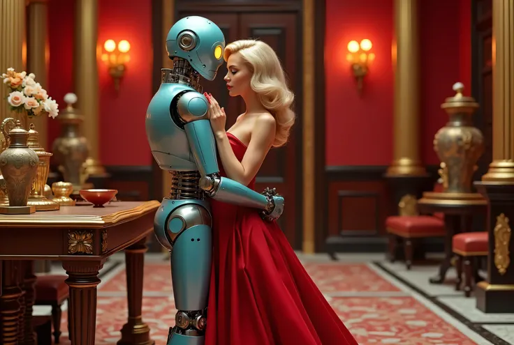 Create a vibrant and hyper-realistic photograph set in a luxurious and vintage-inspired interior. The central focus is on a humanoid robot embracing a glamorous woman playboy model full body huge, enormous, gigantic round breasts, underbust, marked nipples...