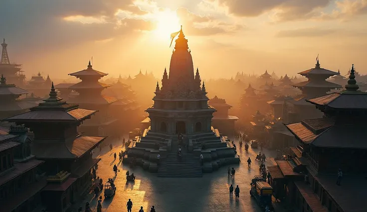 A breathtaking wide aerial view of Pashupatinath Temple at sunrise, with soft golden sunlight streaming through the clouds. The temple’s intricate architecture is surrounded by the bustling streets of Kathmandu, filled with motorbikes, rickshaws, and pedes...