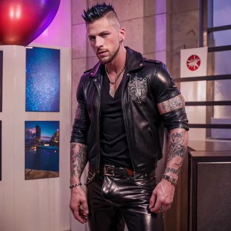 Roman Todd, gay slut, white mohawk, beard, diamond earrings, shiny leather, tattoos, highly detailed, photorealistic, 8K, HDR,