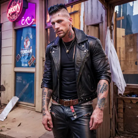 Roman Todd, gay tramp prostitute, white mohawk, beard, diamond earrings, dirty body, torn leather jacket, tattoos, highly detailed, photorealistic, 8K, HDR,