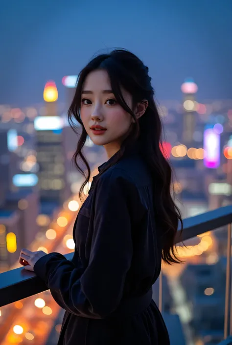 arafed woman standing on a balcony with a city view at night, a picture by Yang J, instagram, realism, 8k selfie photograph, tzuyu from twice, heonhwa choe, captured on canon eos r 6, jaeyeon nam, portrait of jossi of blackpink, jisoo of blackpink, portrai...