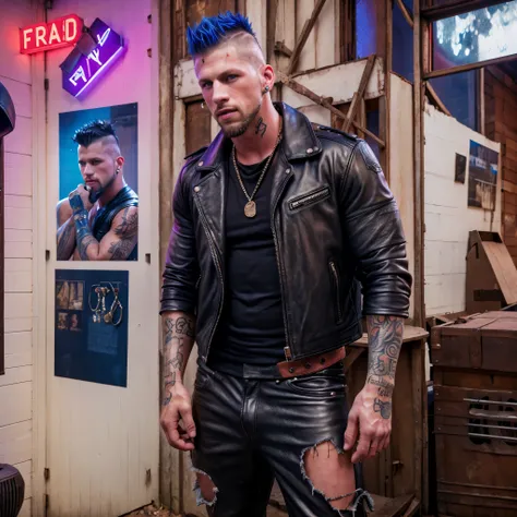 Roman Todd, gay tramp prostitute, white mohawk, beard, diamond earrings, dirty body, torn leather, tattoos, highly detailed, photorealistic, 8K, HDR,