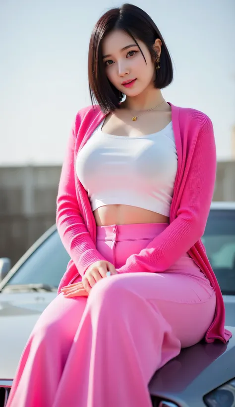A woman, sitting on top of a car , using a pink knitted jacket with a white T-shirt, use a long skirt to the toe maxi model of pink color, red lips, big boobs, short hair