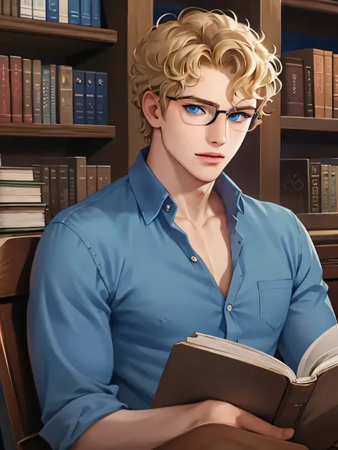 solo russian male, short blond curly hair and (blue eyes), glasses, wearing shirt and jeans, reading book at the library