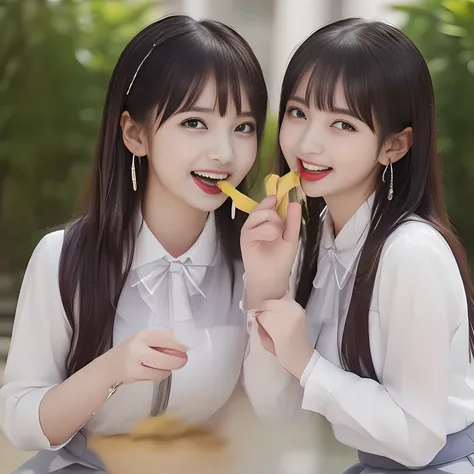 (highest quality, masterpiece, high resolution:1.2), 4K, (Photo quality detailed foreground: 1.2), geometry, (two too-beautiful (talented beautiful succubus twins idols) are diddling (by their tongues) ((splashing white pealed banana in front of their mout...