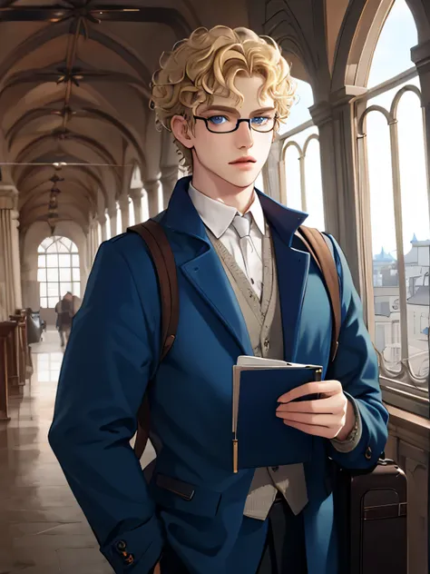 solo russian male, short blond curly hair and (blue eyes), glasses, wearing, traveling