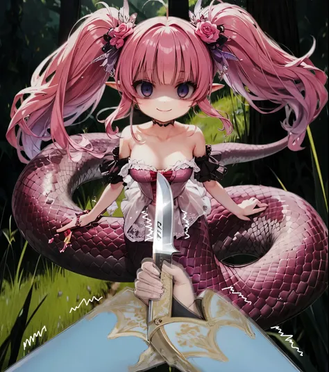 lamia,smile,shaded face,knife,Grip