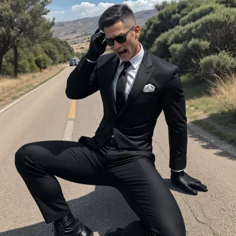 40 year old handsome, One Man,、 muscularity、 Israeli,。  black suit、 black tie、 black slim pants 、Short Hair、Countryside roads 、 sit on the ground、 open her legs 、 black suit、 black tie、 black slim pants 、 upper body up　Israeli,　Front 　Policeman's Uniform　M...