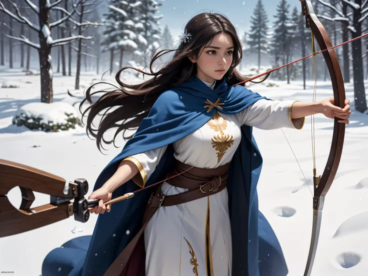 "Create an image of Luna, a clériga-archer with deep brown skin and long, dark brown hair. She wears light blue robes that are suited for both archery and her sacred role as a cleric, designed to keep her warm in the cold environment. The scene takes place...