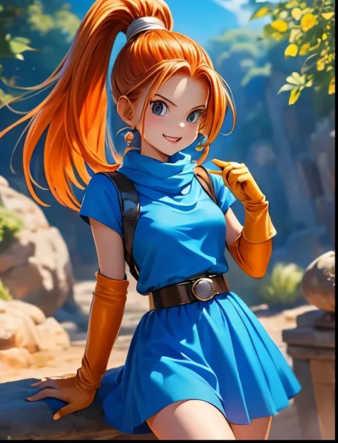 （（（ＳＦＷ、Accuracy、Highest quality、 A first-class masterpiece 、 Normal body 、8k、   detailed face 、 super precision 、   Normal Hands 、5 fingers、Highest）））、"  DRAGON QUEST"、Barbara、 orange hair、 ponytail、blue miniskirt dress、A gentle smile