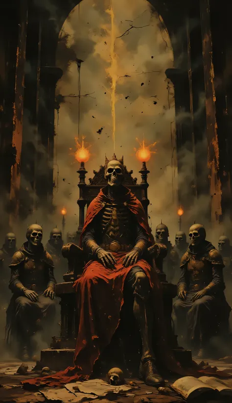In a dark room of a castle , a skeletal king sits on a throne made of bones and skulls . The flames of the torches illuminate his as a group of warriors pay homage to him, with fearful looks .
