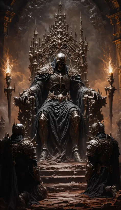 In a dark room of a castle , a skeletal king sits on a throne made of bones and skulls . The flames of the torches illuminate his as a group of warriors pay homage to him, with fearful looks .