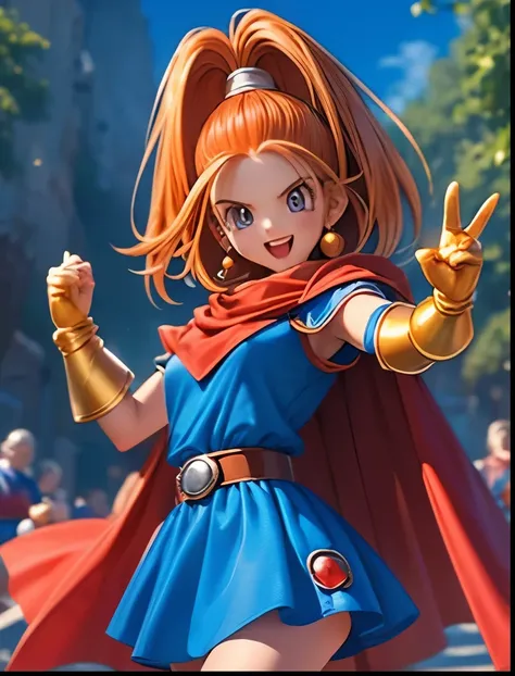 （（（ＳＦＷ、Accuracy、Highest quality、 A first-class masterpiece 、 Normal body 、8k、   detailed face 、 super precision 、   Normal Hands 、5 fingers、Highest）））、"  DRAGON QUEST"、Barbara、 orange hair、blue miniskirt dress、Red Cape、A gentle smile