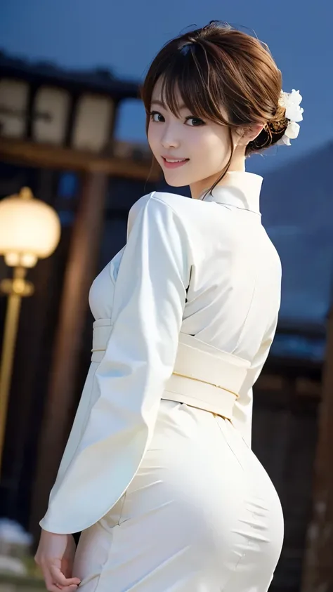 ((( carefully depict limbs based on perfect anatomy with deep depth of field))),((( Wear a light white costume elegantly according to the basics of Japanese kimono:1.9))),An elegant work,Looks great with earrings,((Gravure shooting at a snowy mountaintop w...