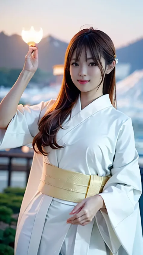 ((( carefully depict limbs based on perfect anatomy with deep depth of field))),((( Wear a light white costume elegantly according to the basics of Japanese kimono:1.9))),An elegant work, looks great with earrings and hair ornaments,((Gravure shooting on a...