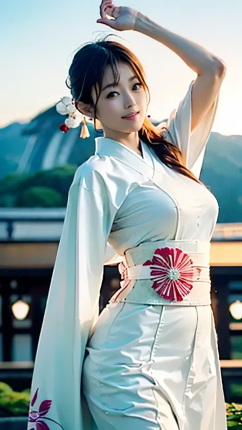 ((( carefully depict limbs based on perfect anatomy with deep depth of field))),((( Wear a light white costume elegantly according to the basics of Japanese kimono:1.9))),An elegant work,Earrings look great in a ponytail ,((Gravure shooting on a snowy moun...