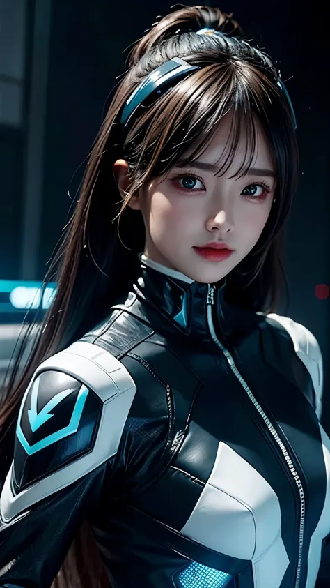 A futuristic, cinematic portrait of a strong and confident woman inspired by TRON: Legacy. She is dressed in a sleek, form-fitting black suit with glowing neon blue circuitry patterns that emit a soft, radiant glow. Her short, stylish haircut frames her de...