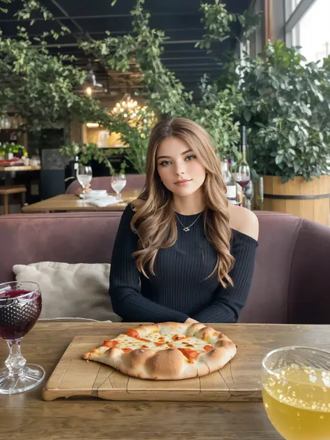 a woman is sitting at the table with pizza and a glass of wine,  photographic photography, extreme quality ,  maximum detail ,  top quality ,  masterpiece, 8k,  detailed hair 