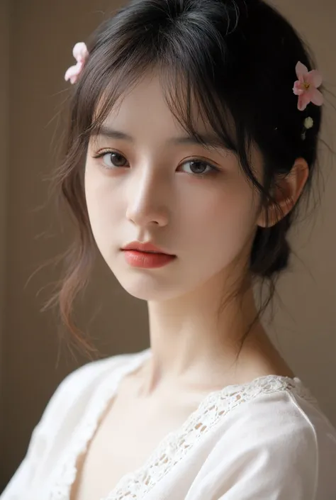 Close-up view of a young girl, around , with a cute yet elegant appearance, focused primarily on her face and upper chest. She has a soft, youthful face with delicate, rounded features, and her expression is calm and thoughtful, exuding quiet charm. Her sk...