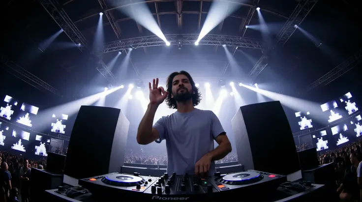 As a fellow professional in the electronic music scene, I can appreciate the powerful composition of this shot. The image captures a DJ performing at what appears to be a major electronic music event, shot from a dramatic low angle behind the Pioneer DJ eq...