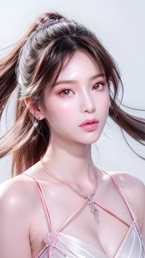  white background 、Professional lighting、(((Professional lighting 1.5)))、transparent、 beautiful skin、 beautiful skin、、((( whitening 1 .5)))、pink、transparent、、 the ecstasy of musical notes、((white 1 .5))、transparent1.5、 chest photo 、 simple earrings and nec...