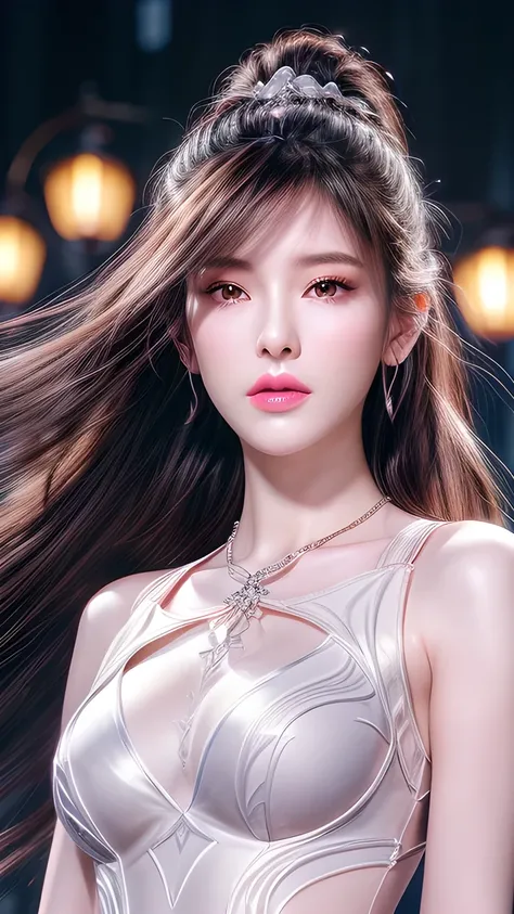 white background 、Professional lighting、(((Professional lighting 1.5)))、transparent、 beautiful skin、 beautiful skin、、((( whitening 1 .5)))、White、transparent、、 the ecstasy of musical notes、((White1.5))、transparent1.5、 chest photo 、 simple earrings and neckl...