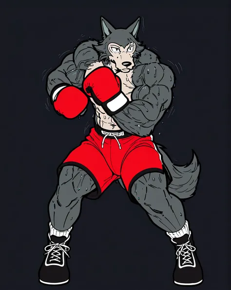 l3gosh1, beastars, male, solo, wolf, muscular, athletic, masculine, (small eyes), flat color, boxing_gloves, simple background, sweaty body, veiny arms, bulging muscles, boxing_stance, (black outline), boxing_shoes, boxing_shorts, full body, big head