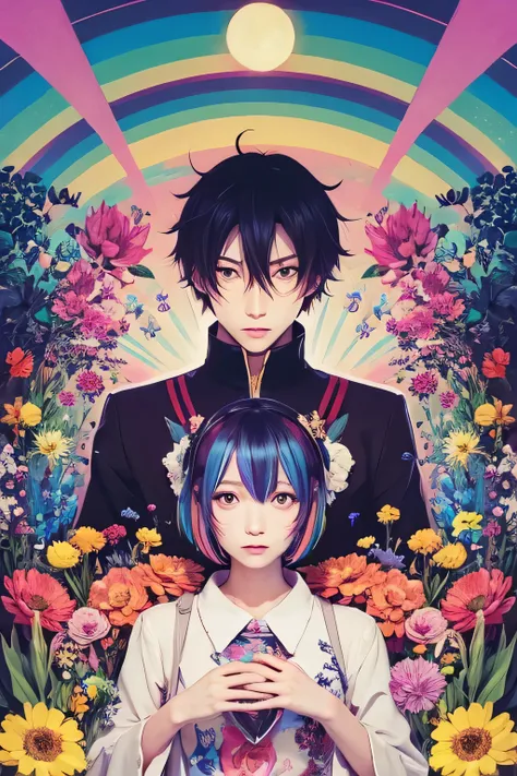 Enlarged view of cartoon characters and a bunch of flowers,  anime cover , There is a woman wearing a reol , Rorish,  Hanayamata ,  ufotable art style , hyper  colorful,  colorful]”,  psychedelic comic , ( ( (  colorful ) ) ), by Puru ,  psychedelic LSD ma...