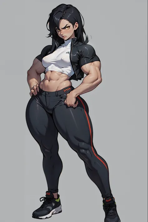 (((((muscular))))), (((thick thighs, small breasts, toned body, 1 girl))), black hair, pale skin, yellow eyes, angry, (tight shirt tight pants very long hair) ((full body))