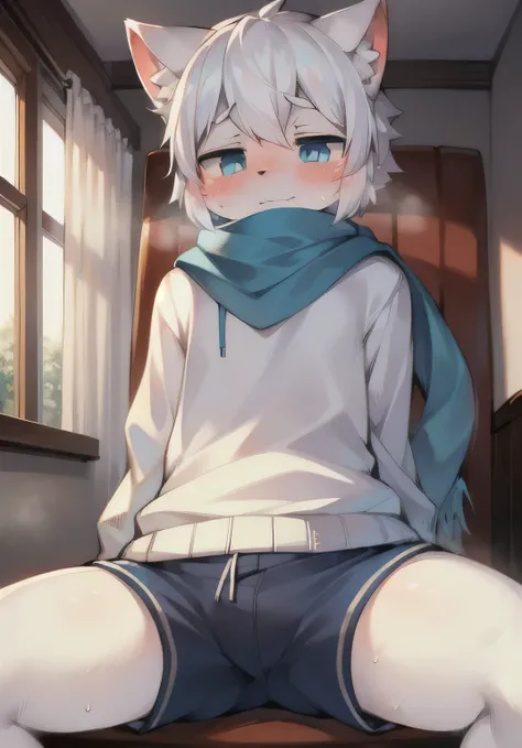 High Quality, High Detail, Bright Environment, Furry, Sitting in front of the window, warm winter sun, white marble walls, male cat, white sweatshirt, light blue shorts, shorts bulging, light blue scarf, spread legs, cute, white hair, blue pattern, blue ey...