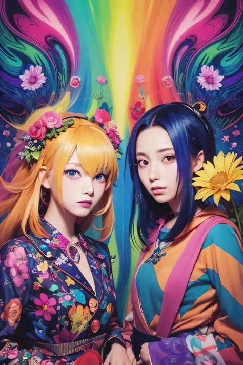 a poster of two anime characters with  colorful hair and flowers, Shinoda and Ko anime illustration, Pixiv,   Psychedelic Art  ,  colorful picture, Lisa Frank & Murase Sho , Anime Colors,  colorful]”,   dreamy psychedelic anime  , Symmetric!!,  anime cover...