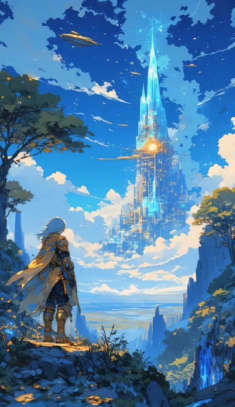 In a realm where dreams weave reality, a young adventurer clad in golden armor stands at the brink of a shimmering horizon. His silver hair dances with the wind as his piercing blue eyes gaze upon an ethereal sky, where majestic airships elegantly sail thr...