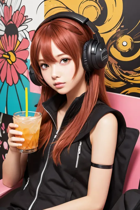 Anime girl with headphones and drink sitting on flower background, Vector art by Ei-Q , Pixiv, Toyism,   illustrations inspired by Decora  ,  technical vest worn by a soda-themed girl ,  Anime Style Art, Anime Abstract Art ,  anime cover ,  2D anime style ...