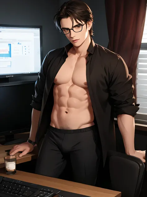 solo Belarusian man, medium black straight hair and (brown eyes), glasses, wearing sexy underwear, sexy posing near the pc