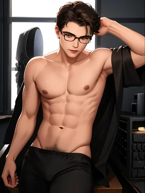 solo Belarusian man, medium black straight hair and (brown eyes), glasses, wearing sexy underwear, sexy posing near the pc