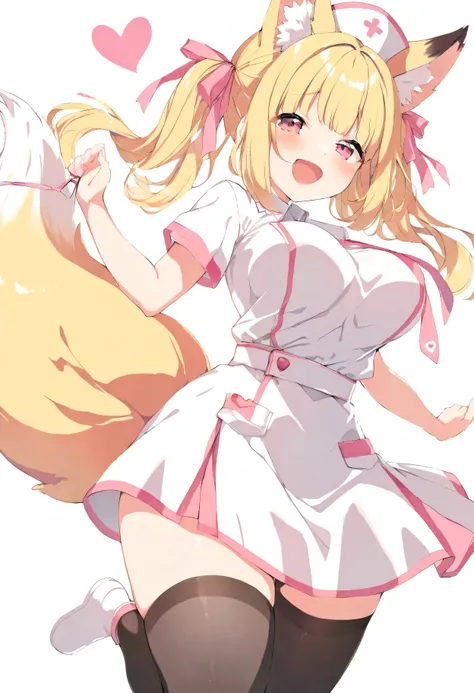 (Best Quality), Primary school students、a girl, solo, sexy,(lovely), nurse cosplay, Short skirt, blonde, twin tale hairstyle, fox ears, a fluffy fox tail on your butt, Arching the back ,gravure pose, ((large breasts)), Laughing, simple white background, A...