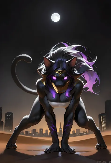 all purple eyes. oil painting, photorealistic, furry, no cats, nu humans, an black anthro cat, on the top of a statue, skyline of a modern city, all fours, dynamic pose, desert and pyrmaids in the background, bandeau, (egyptian clothes), large breasts, ((a...