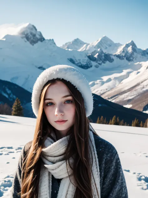 girl pale skin, long hair in a place in winter on the background mountains with snow