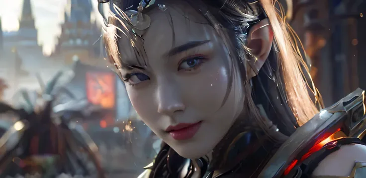 a close up of a woman with a sword in a video game, elven character with smirk, 4k fantasy art, artgerm ; 3d unreal engine, attractive sci - fi face, unreal engine fantasy art, portrait of an elf queen, fantasy concept art portrait, elegant cinematic fanta...