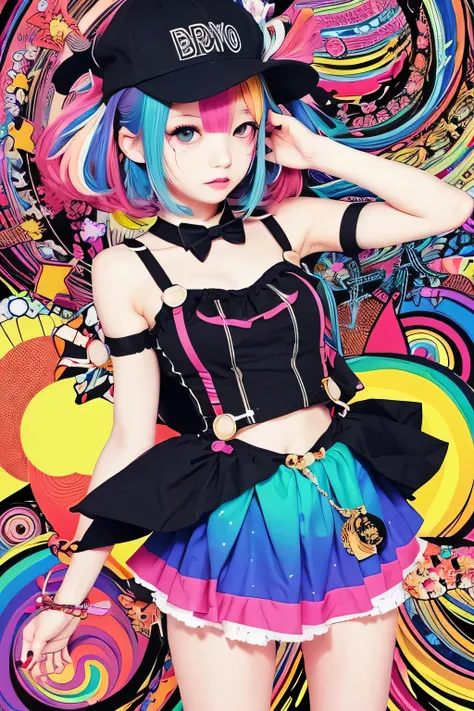 anime girl with a hat and a  colorful outfit, Puru inspired anime picture , Pixiv, Toyism, There is a woman wearing a reol , Decora style illustrations, hyper  colorful,  psychedelic comic ,  black and white artwork !!, Rorish, Decora style,  colorful]”, L...