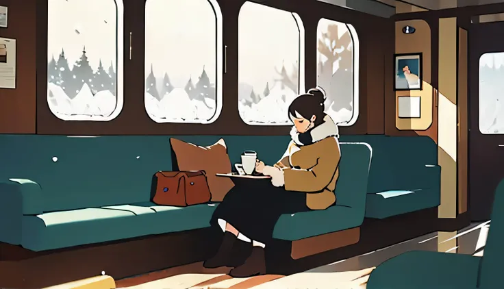 A comfortable train car ,  with padded seats and windows blurred by the cold . Outside,  snowflakes fall softly .  A person reads a book while holding a hot drink.

